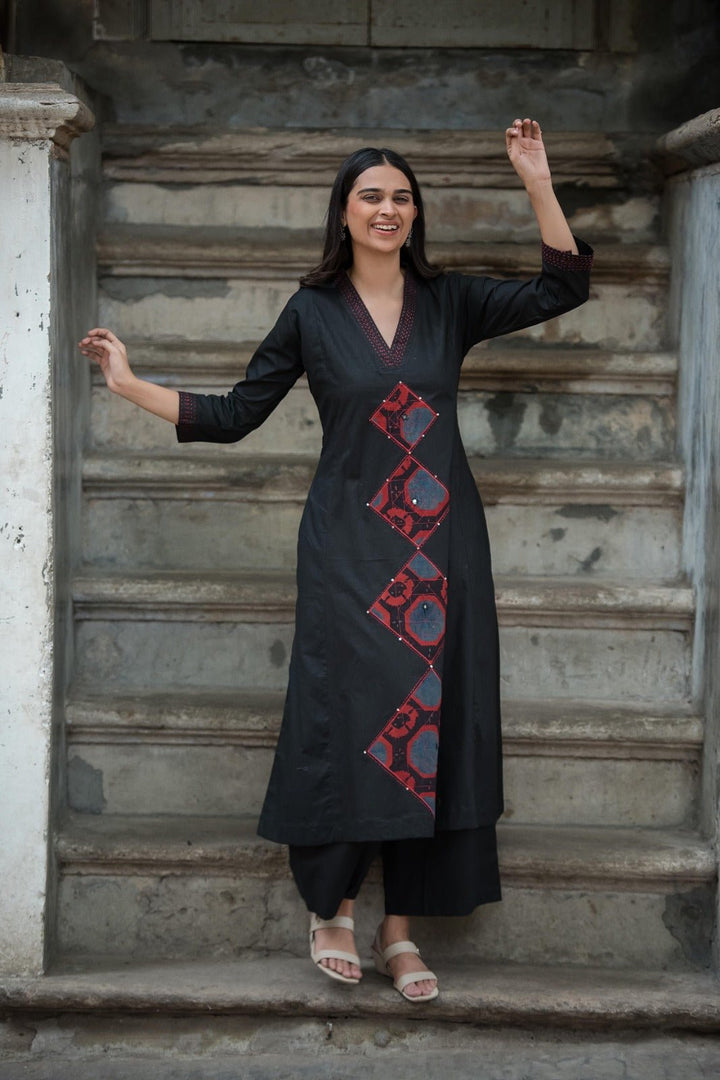 TWO - PIECE COTTON SET WITH PATCH WORK AND KATHA EMBROIDERY (BLACK) - Shreenath Collection