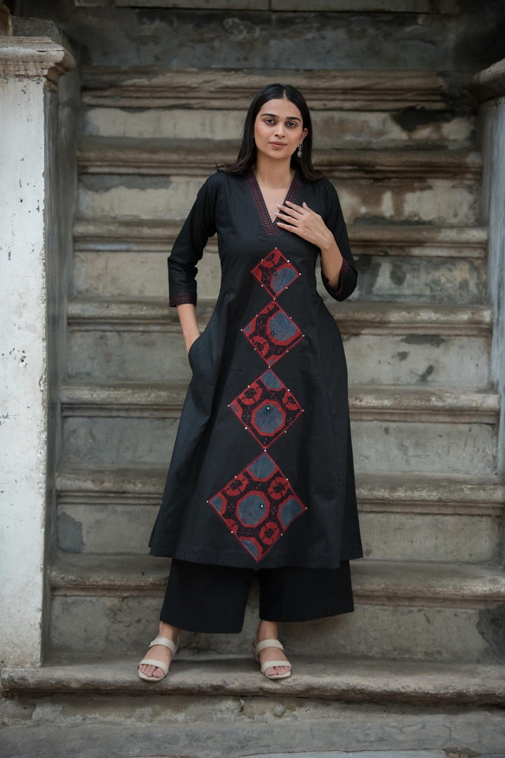 TWO - PIECE COTTON SET WITH PATCH WORK AND KATHA EMBROIDERY (BLACK) - Shreenath Collection
