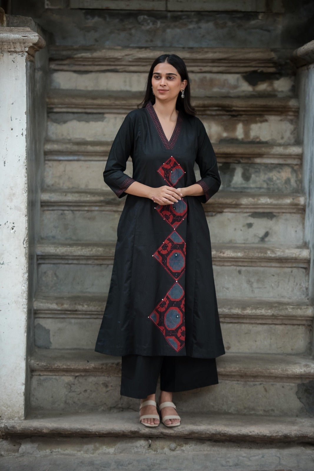TWO - PIECE COTTON SET WITH PATCH WORK AND KATHA EMBROIDERY (BLACK) - Shreenath Collection