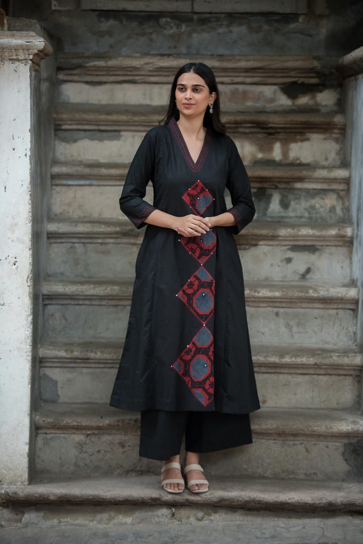 TWO - PIECE COTTON SET WITH PATCH WORK AND KATHA EMBROIDERY (BLACK) - Shreenath Collection