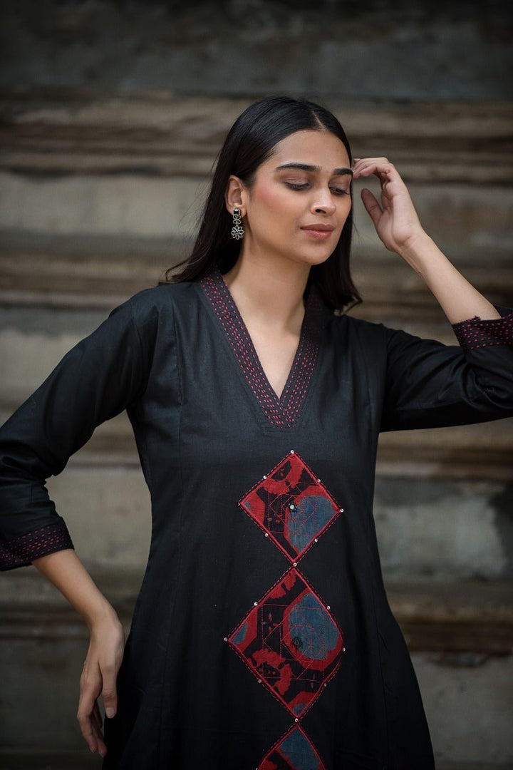 TWO - PIECE COTTON SET WITH PATCH WORK AND KATHA EMBROIDERY (BLACK) - Shreenath Collection