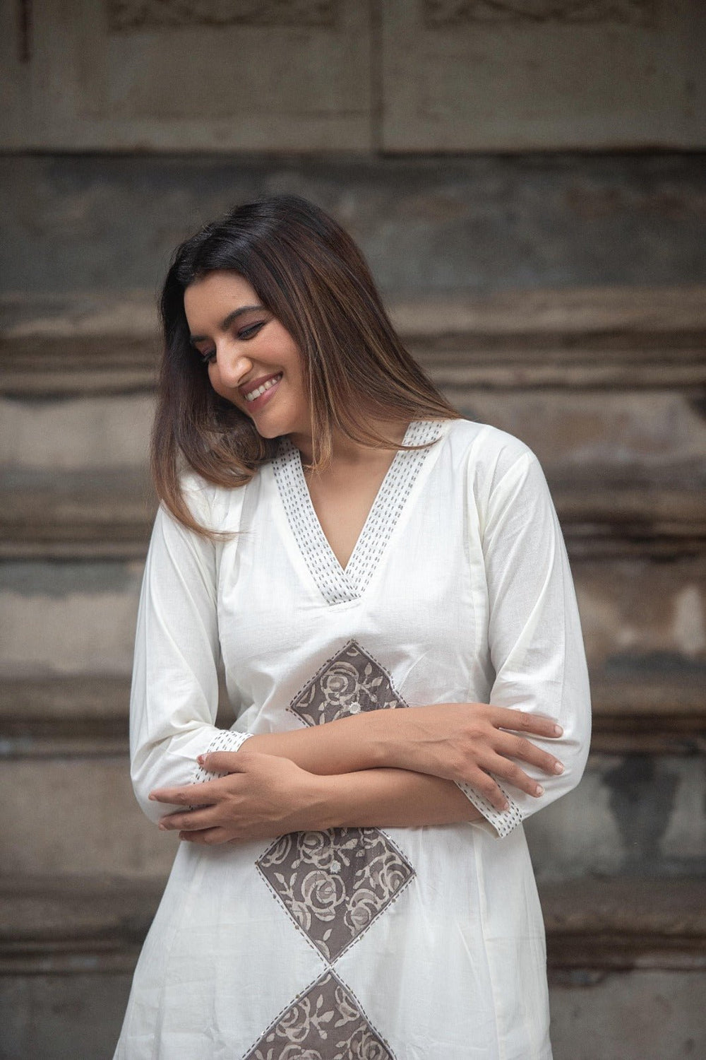 TWO - PIECE COTTON SET WITH PATCH WORK AND KATHA EMBROIDERY(WHITE) - Shreenath Collection