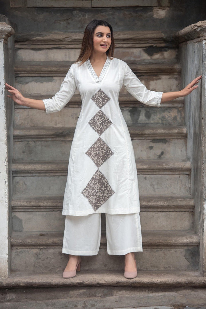 TWO - PIECE COTTON SET WITH PATCH WORK AND KATHA EMBROIDERY(WHITE) - Shreenath Collection