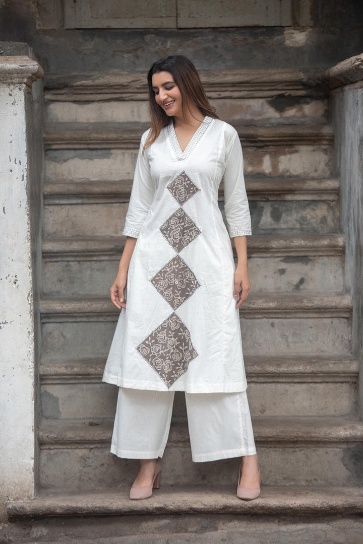 TWO - PIECE COTTON SET WITH PATCH WORK AND KATHA EMBROIDERY(WHITE) - Shreenath Collection