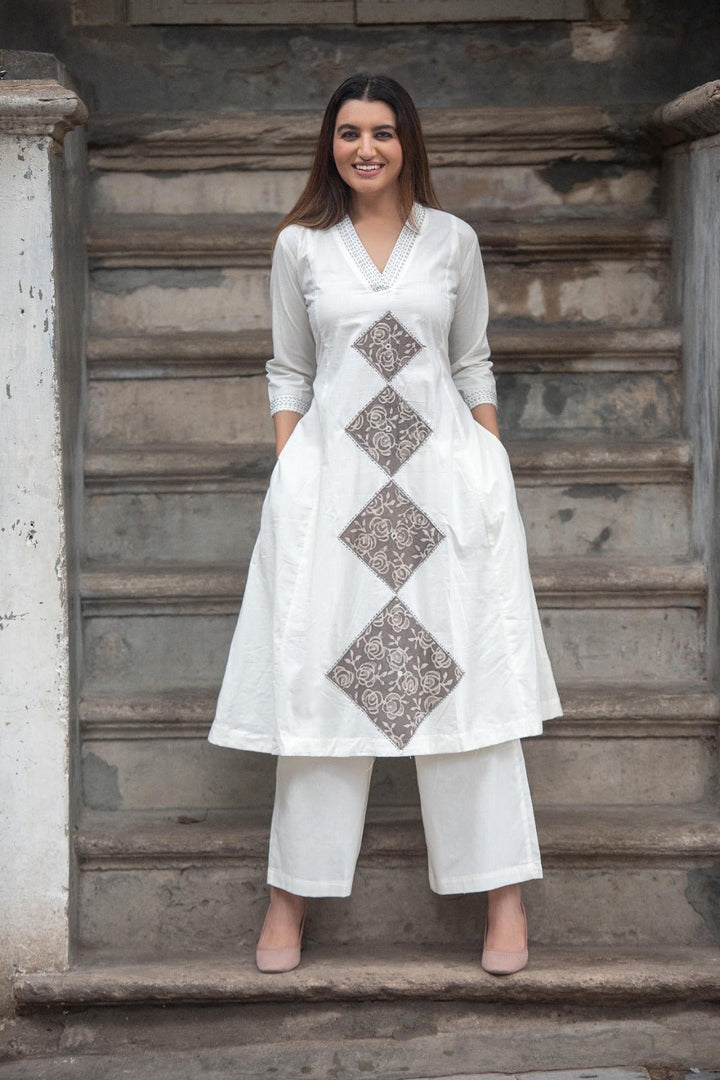 TWO - PIECE COTTON SET WITH PATCH WORK AND KATHA EMBROIDERY(WHITE) - Shreenath Collection