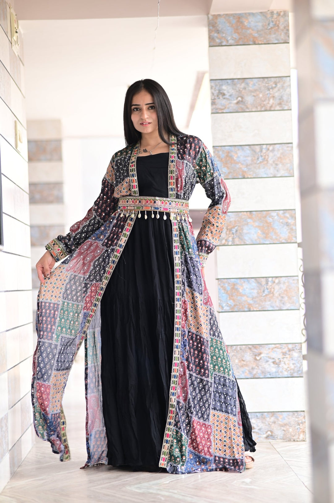 TWO - PIECE LONG GOWN STYLE WITH LONG SEQUENCE MIRROR WORK SHRUG AND KODI WORK BELT - Shreenath Collection